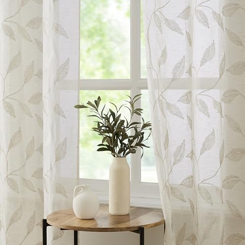 Bujasso White Floral Semi Sheer Curtains 84 inch Embroidered Leaf Patterned Window Curtain Panels with Lined Privacy Farmhouse Light Filtering Drapes for Living Room Bedroom Grommet Top W38 xL84 x2