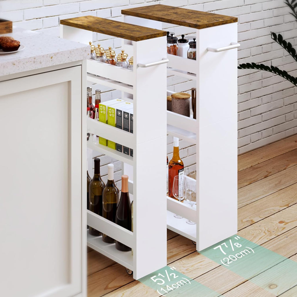 MARTY Slim Rolling Storage Cart, 4-Tier Wood White Kitchen Cart with Wheels