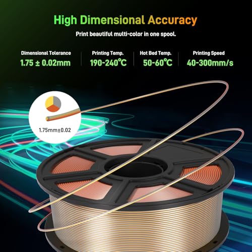 FLASHFORGE Silk PLA 3D Printer Filament 1.75mm 1KG, Multicolored Gradient V83097