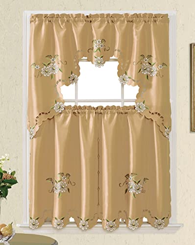 GOHD Cutwork Floral Kitchen Curtain Set with Swag Valance and Tier in Bronze R463
