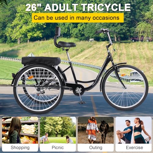 Adult Tricycle 26 Inch 7 Speed 3 Wheel Bike with Basket for Seniors K5388