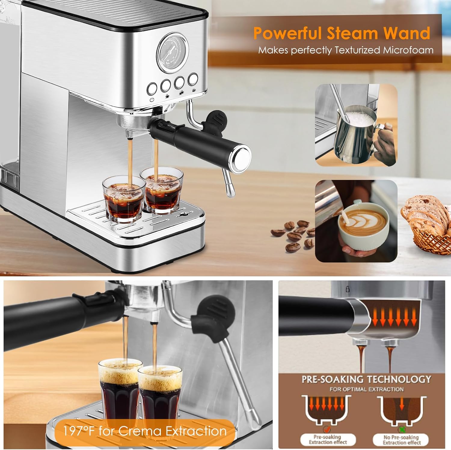 Sparkfire Espresso Machine 20 Bar Stainless Steel with Milk Frother K871515