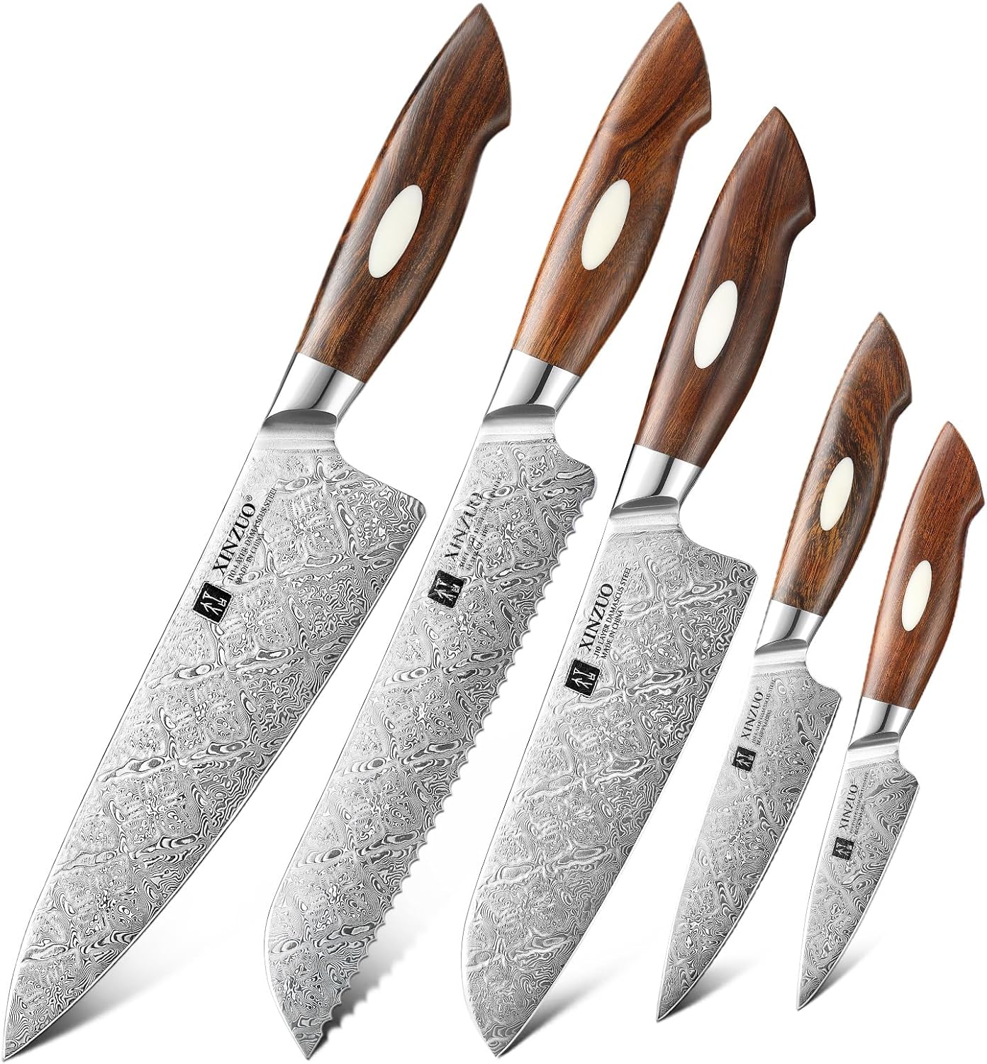 XINZUO 5-Piece Damascus Knife Set, 110 Layers Damascus Steel Professional Chef Knife Set, Razor Sharp for Meat,Vegetable Cutting,North America Desert Iron Wood Handle,Exquisite Box Package
