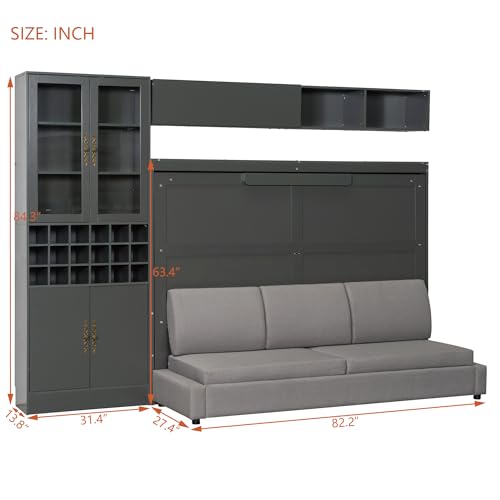 MERITLINE Queen Murphy Bed with Couch and Storage Shelves, LED Light, White J578