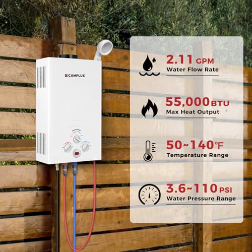 CAMPLUX 2.64 GPM Propane Portable Gas Water Heater, 68,000 BTU, White Y83276