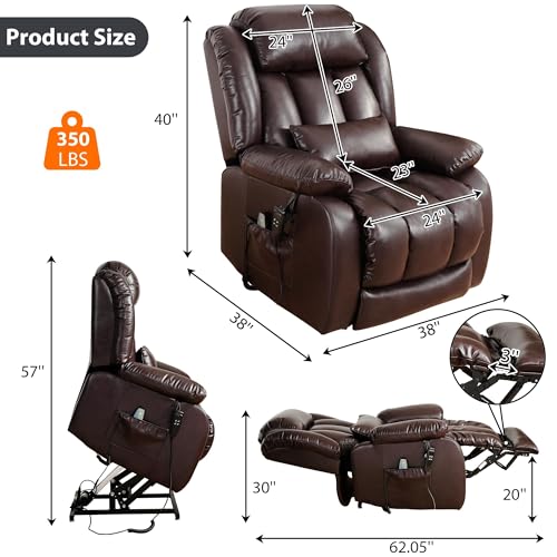 EDILLY Genuine Leather Power Lift Recliner Chair with Massage and Heating, Brown C901