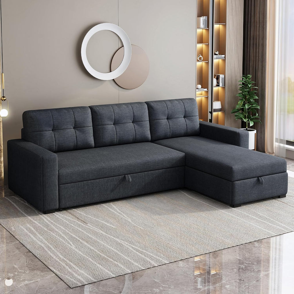 L Shaped Sleeper Sofa with Pull Out Bed and Storage, Dark Grey N88197