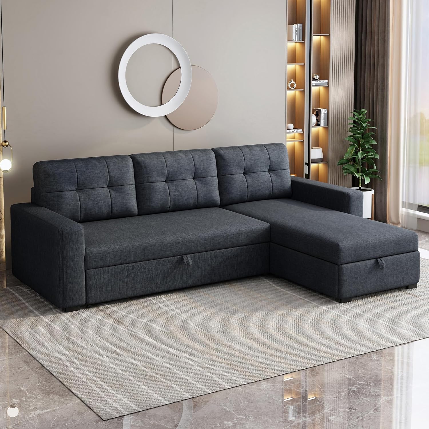 L Shaped Sleeper Sofa with Pull Out Bed and Storage, Dark Grey N88197