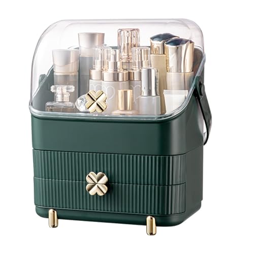 SUNFICON 3 Tiers Makeup Organizer Holder Cosmetic Storage Box with Dust Free Cover Portable Handle 2 Rroomy Drawers,Great for Bathroom Countertop Bedroom Dresser,Ivory White