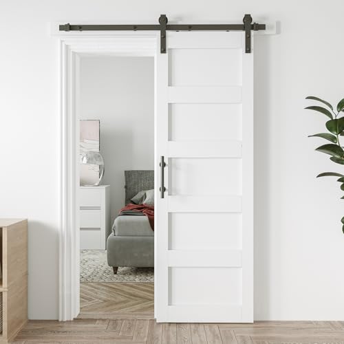 White 5-Panel Solid Sliding Barn Door with Hardware Kit W109