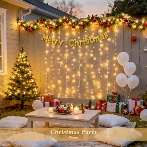 JMEXSUSS 200 LED Christmas Curtain Lights, Warm White, Battery & USB Powered W573