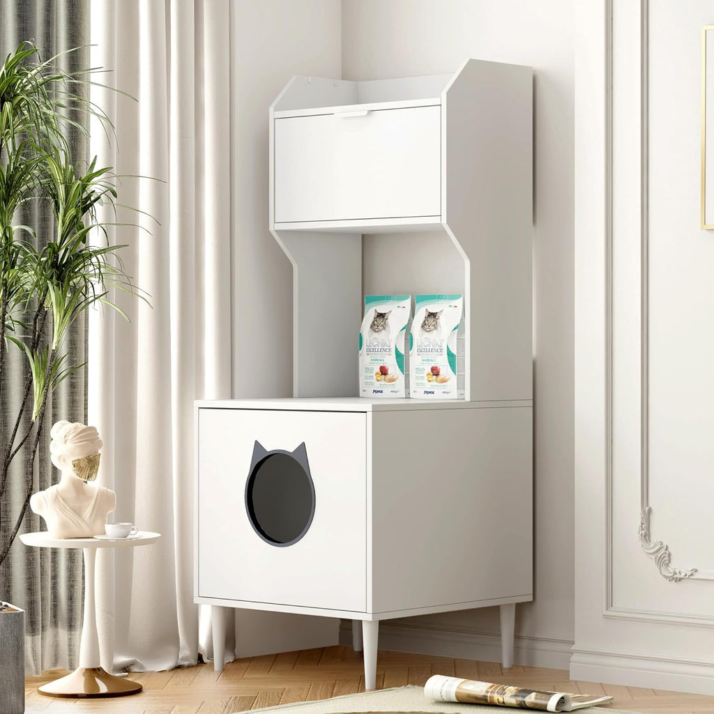 White Wooden Cat Litter Box Enclosure with Storage Shelves J4228