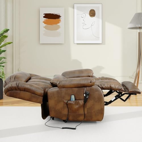 EDILLY Genuine Leather Power Lift Recliner Chair with Massage and Heating, Brown C901