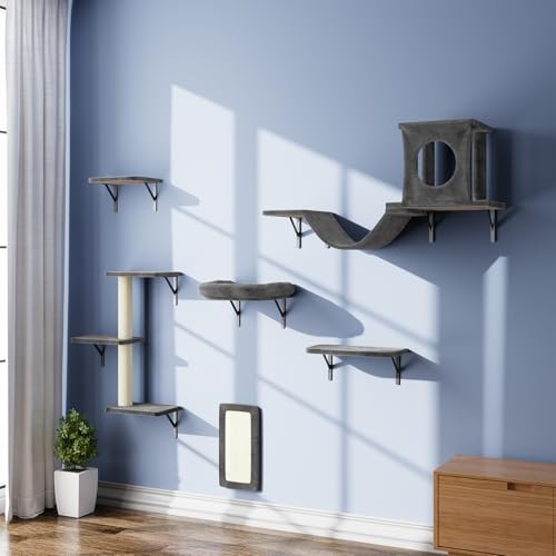 NUNU LAB Wall Mounted Cat Furniture, 7 Pcs Cat Wall Shelves with House, Gray T582052