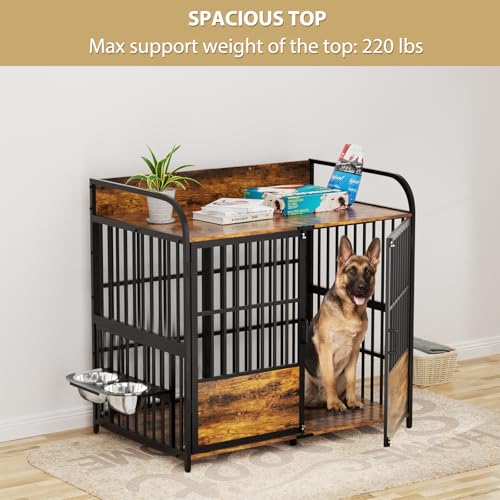 86 in Double Dog Crate Furniture with Divider, Heavy Duty Wooden Kennel for Large Dogs, Brown P52672