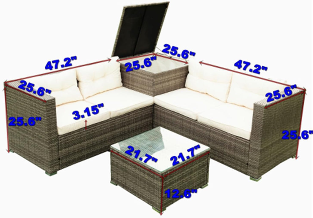 Grey 4-Piece Patio Wicker Rattan Sectional Sofa Set with Storage Box R300209