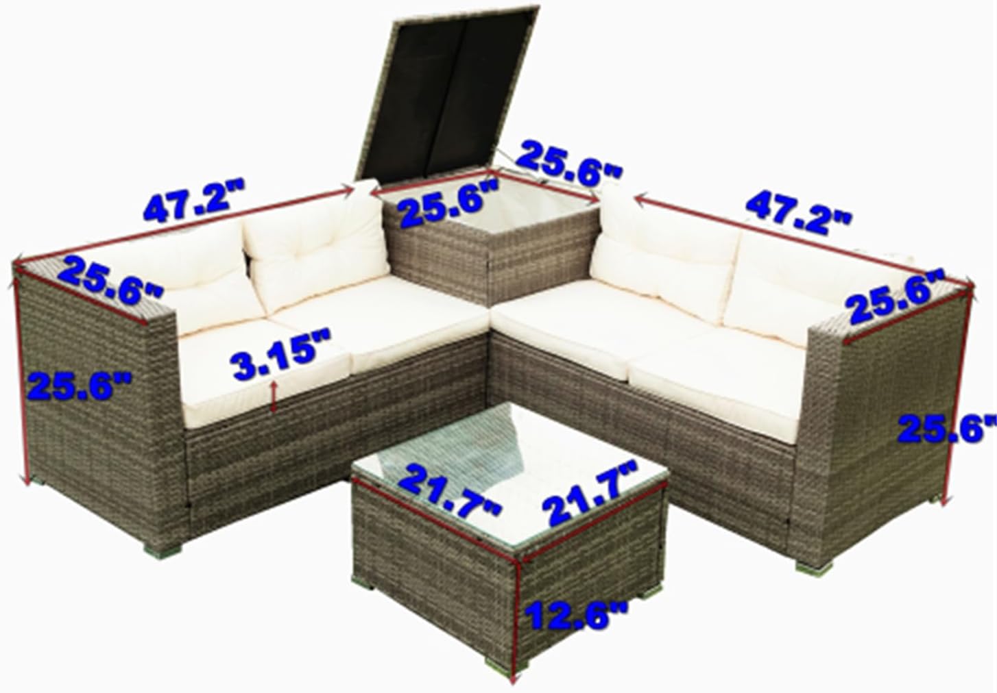 Grey 4-Piece Patio Wicker Rattan Sectional Sofa Set with Storage Box R300209