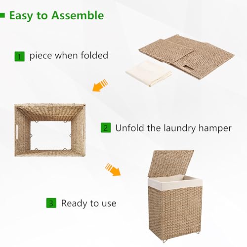 PrimeZone 90L Laundry Hamper with Lid, Foldable Natural Seagrass Basket with Removable Liner P139719