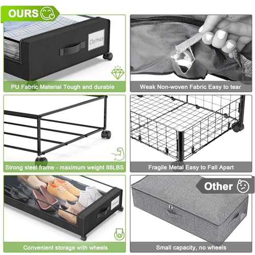 Under Bed Storage with Wheels, 2-Pack Rolling Metal Drawer, Black D42977