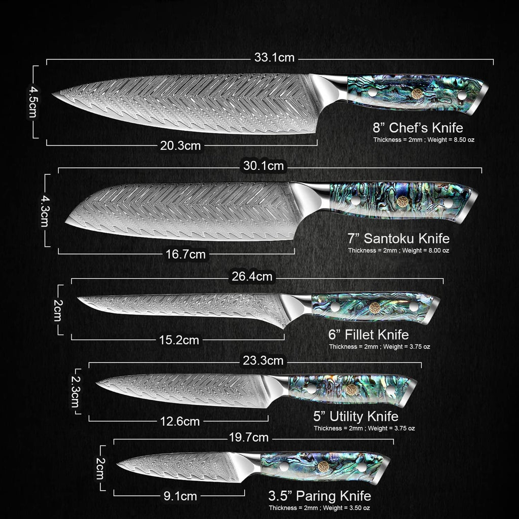 SENKEN 5-Piece Damascus Steel Knife Set with Walnut Magnetic Knife Block H191