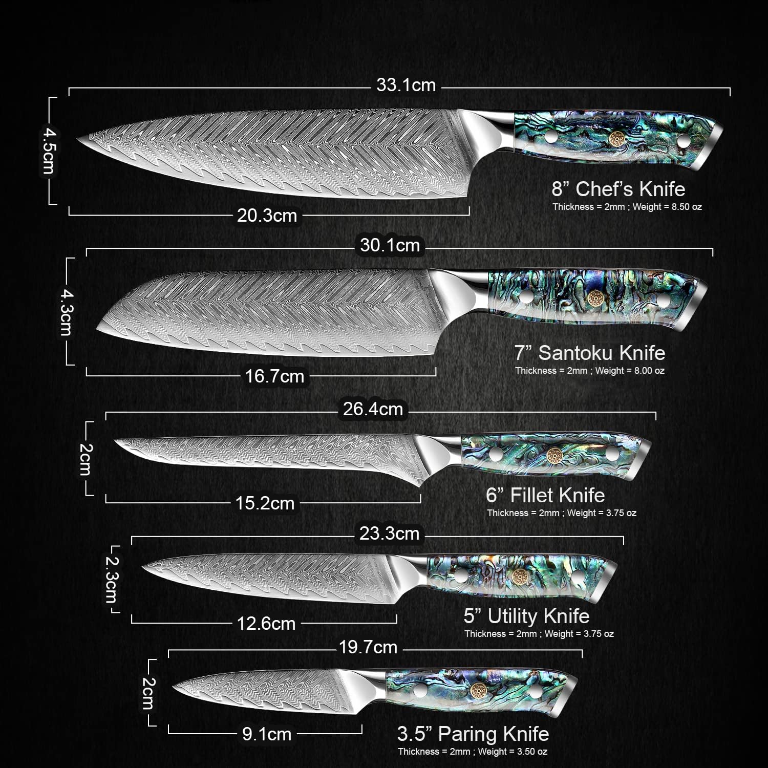 SENKEN 5-Piece Damascus Steel Knife Set with Walnut Magnetic Knife Block H191