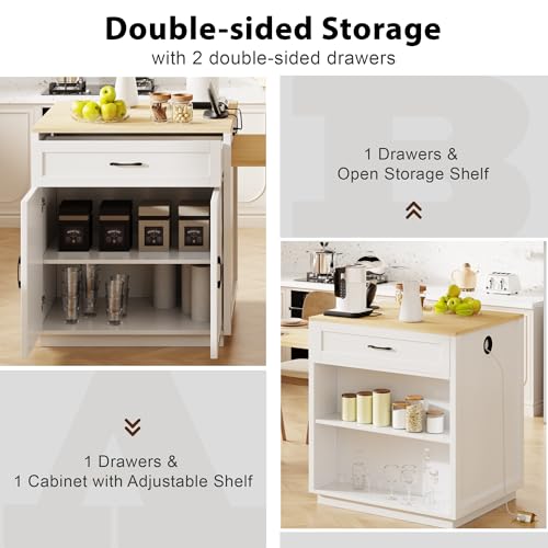Merax 82.7" Kitchen Island with Extendable Dining Table, Storage & Charging Station, White Oak K8597