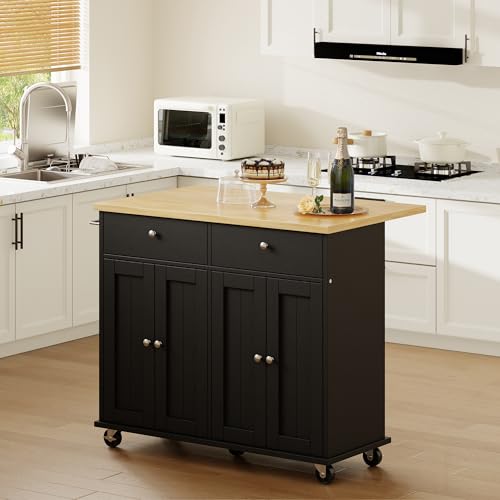 Shintenchi Kitchen Island with Drop Leaf, Rolling Cart with Storage, White T972