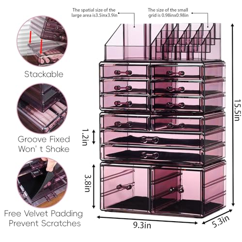 Cq Acrylic Makeup Organizer Large Clear Cosmetic Storage Box with 11 Drawers, Set of 4 Y4364