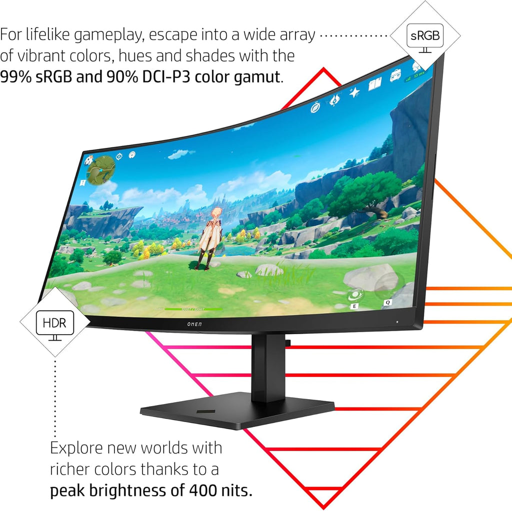 HP OMEN 34c QHD 165Hz Curved Gaming Monitor, 3440 x 1440, VA Panel, 21:9, Black H232