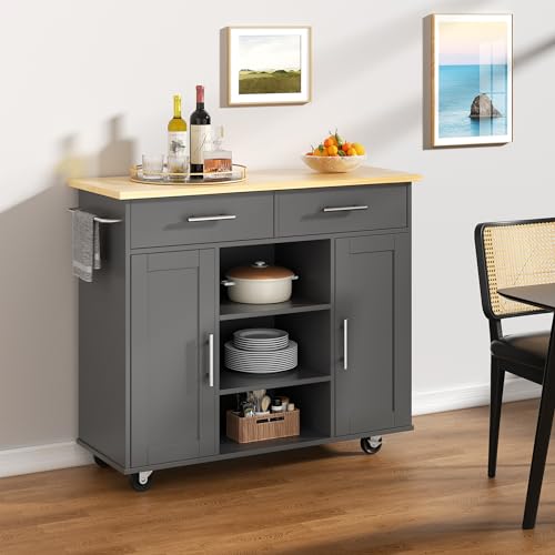 Shintenchi Kitchen Island with Drop Leaf, Rolling Cart with Storage, White T972