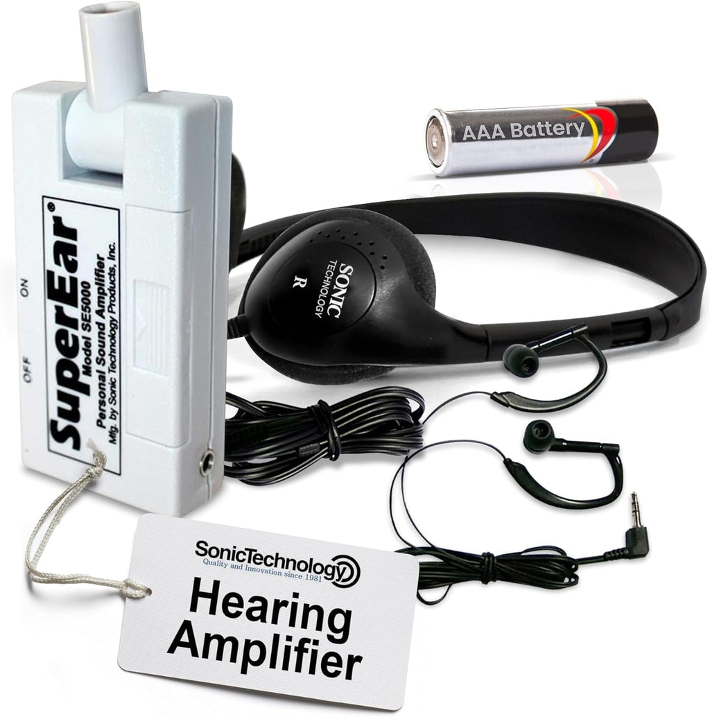 Personal Sound Amplifier Model SE5000 (PSAP), 50dB Gain, Hand Held Pocket Size Audio Amplifier with Headphones, EarBuds, Tactile On/Off Volume Control for Adults, Audiologists, and Seniors