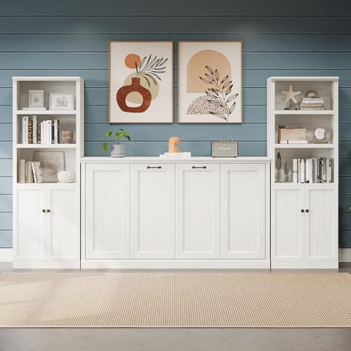 Merax Twin Murphy Bed with Storage Bookshelf and USB Charging, Rustic White U191604