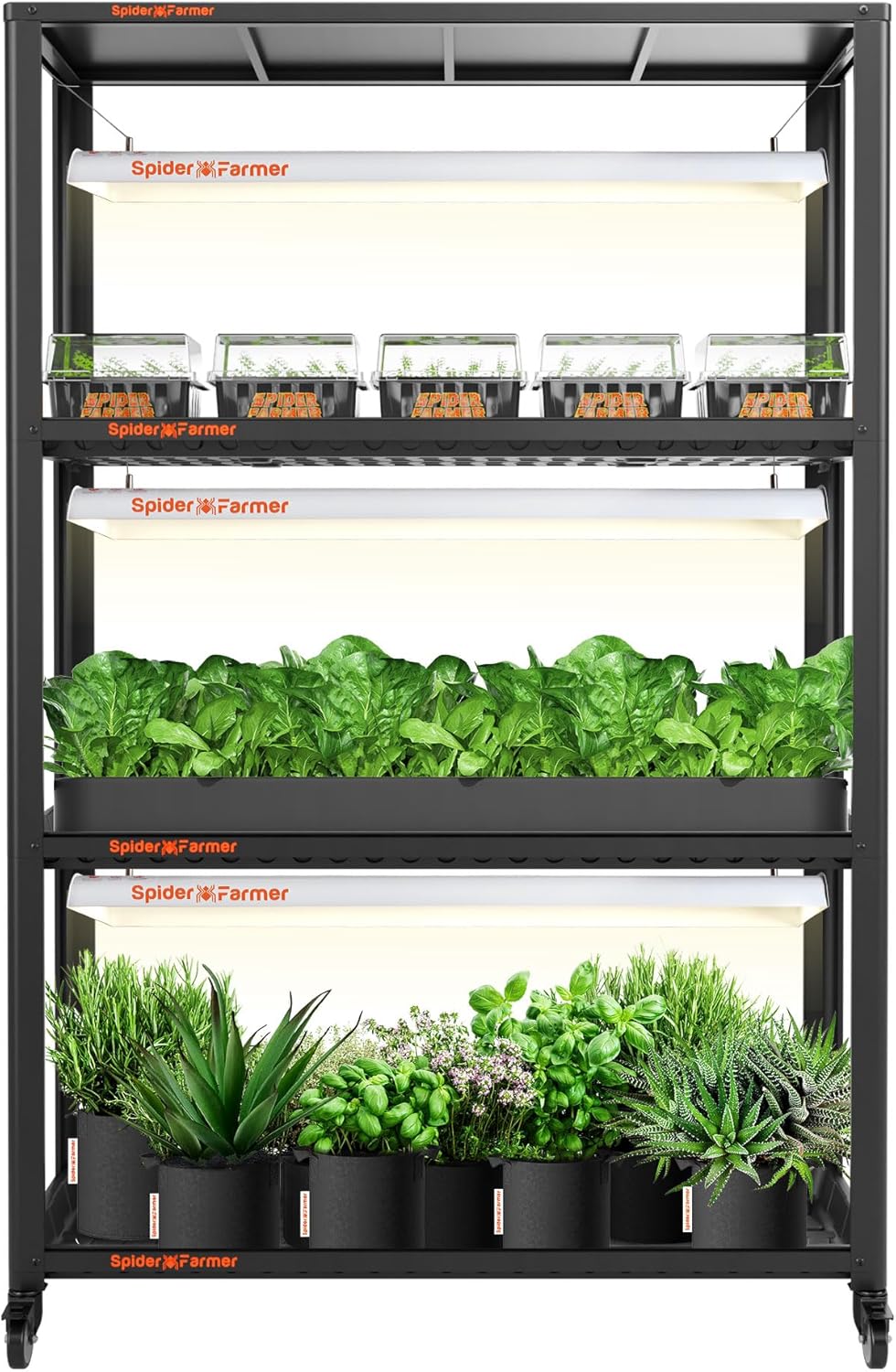 Spider Farmer SF600 Growshelves LED Grow Light Plant Stand 3 Tier with Wheels Metal Portable Indoor Gardening System Full Spectrum for Indoor Plants Seedlings 46Lx15Dx70H (3xSF600+Plant Shelf)