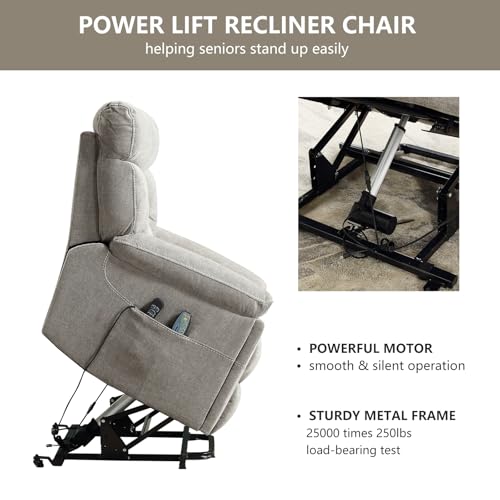 CANMOV Dual Motor Power Lift Recliner Chair for Elderly, Extra-Wide Seat, Heated Massage, Grey Fabric C219