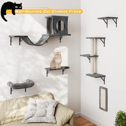 NUNU LAB Wall Mounted Cat Furniture, 7 Pcs Cat Wall Shelves with House, Gray T582052