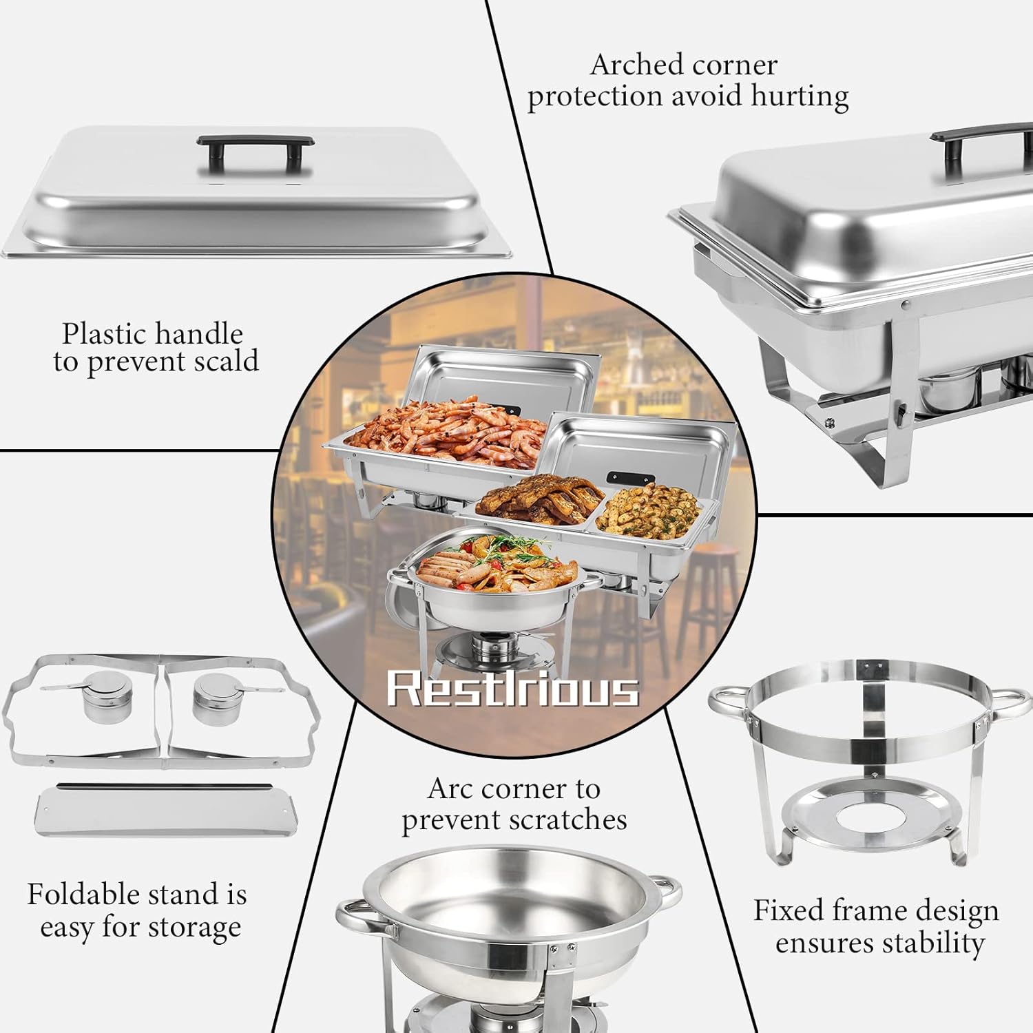 Restlrious Chafing Dish Buffet Set Stainless Steel 5QT Round & 8QT Rectangle Foldable Chafer, 5 Pk P620522