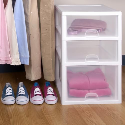 Sterilite 4-Pack 27 Quart Stacking Drawer, Clear Storage Organizer with White Frame M965