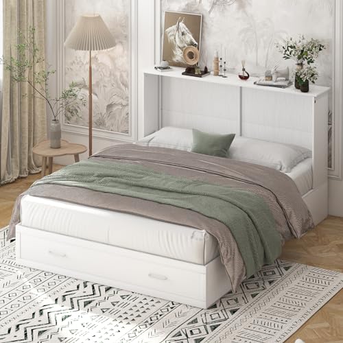BALUS Murphy Cabinet Bed Queen with Charging Station, Tri-fold Memory Mattress, Storage Drawers, White Y6917