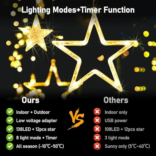 12 Stars 138 LED Star String Lights with Timer, Warm White O865