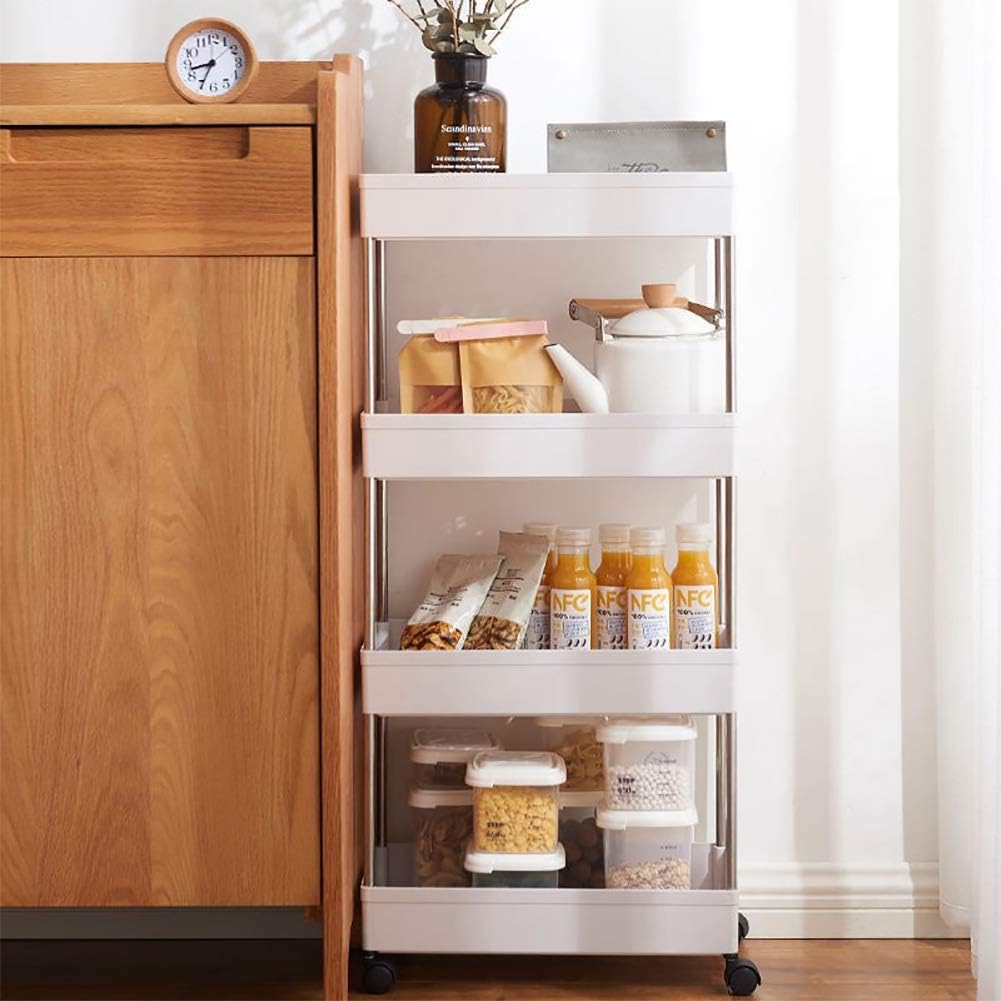 4 Tier Narrow Sliding Storage Organizer Rack Rolling Cart White L318