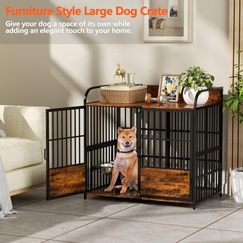 86 in Double Dog Crate Furniture with Divider, Heavy Duty Wooden Kennel for Large Dogs, Brown P52672