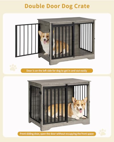 Dog Crate Furniture with Barn Door for Small Medium Dogs, Rustic Brown P911
