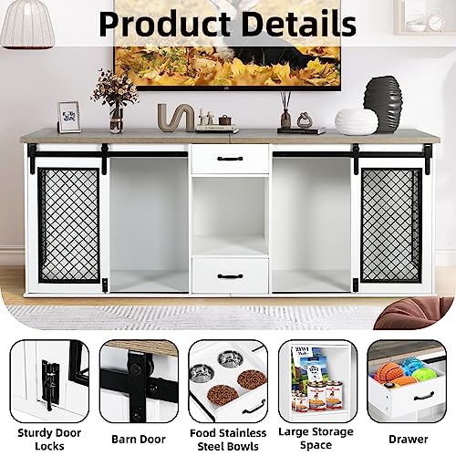 Extra Large Dog Crate Furniture 85" Sliding Door Double Kennel for 2 Large Dogs, White N35378