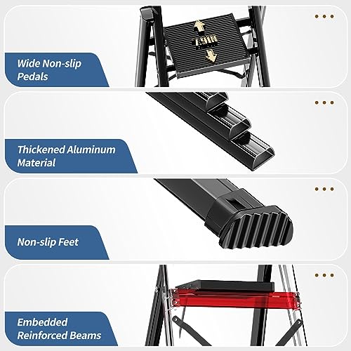 4 Step Ladder with Handgrip, Folding Aluminum Step Stool, 330lbs Capacity, Black R71948