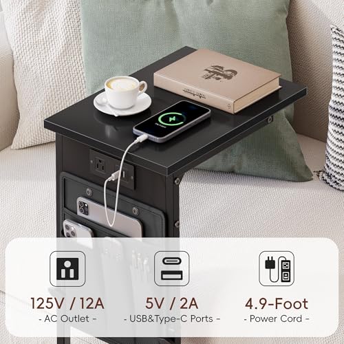 Vagusicc C Shaped End Table with Charging Station, Adjustable Height, Brown C747005