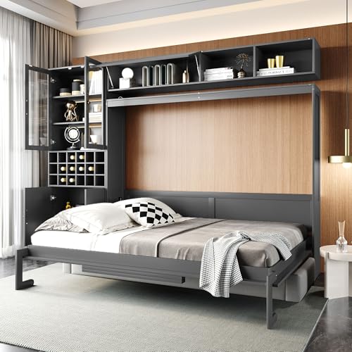 MERITLINE Queen Murphy Bed with Couch and Storage Shelves, LED Light, White J578