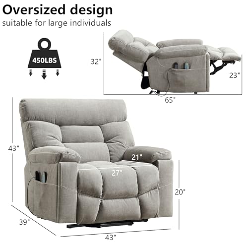 CANMOV Dual Motor Power Lift Recliner Chair for Elderly, Extra-Wide Seat, Heated Massage, Grey Fabric C219
