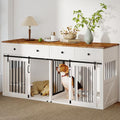 Real Relax 71" Double Dog Crate Furniture, Large Wooden Dog Kennel Furniture with 2 Drawers, Divider and Sliding Door, Indoor Dog House TV Stand for Medium Small Dogs, White