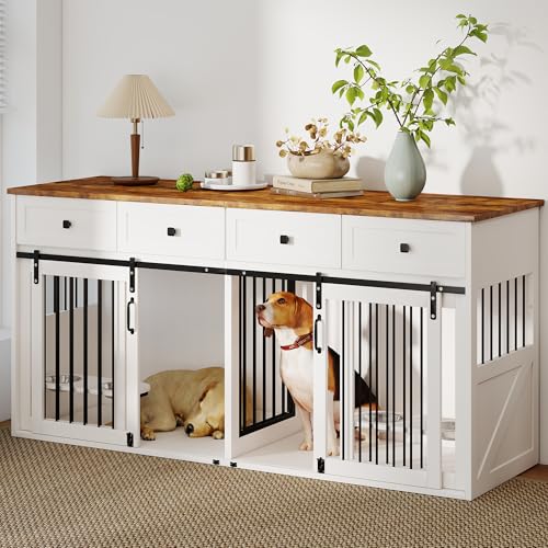Real Relax 71" Double Dog Crate Furniture, Large Wooden Dog Kennel Furniture with 2 Drawers, Divider and Sliding Door, Indoor Dog House TV Stand for Medium Small Dogs, White