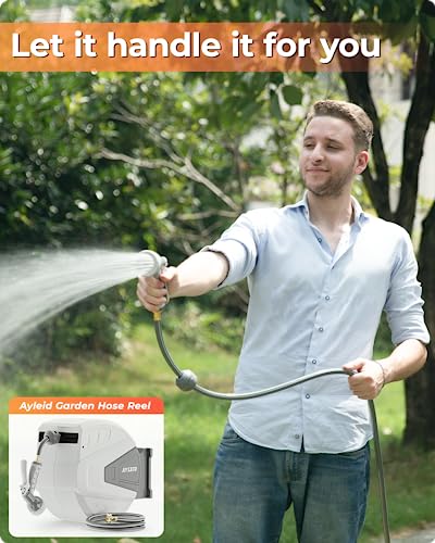 Ayleid Retractable Garden Hose Reel, 1/2 in x 100 ft, Wall Mounted, Grey Q139915